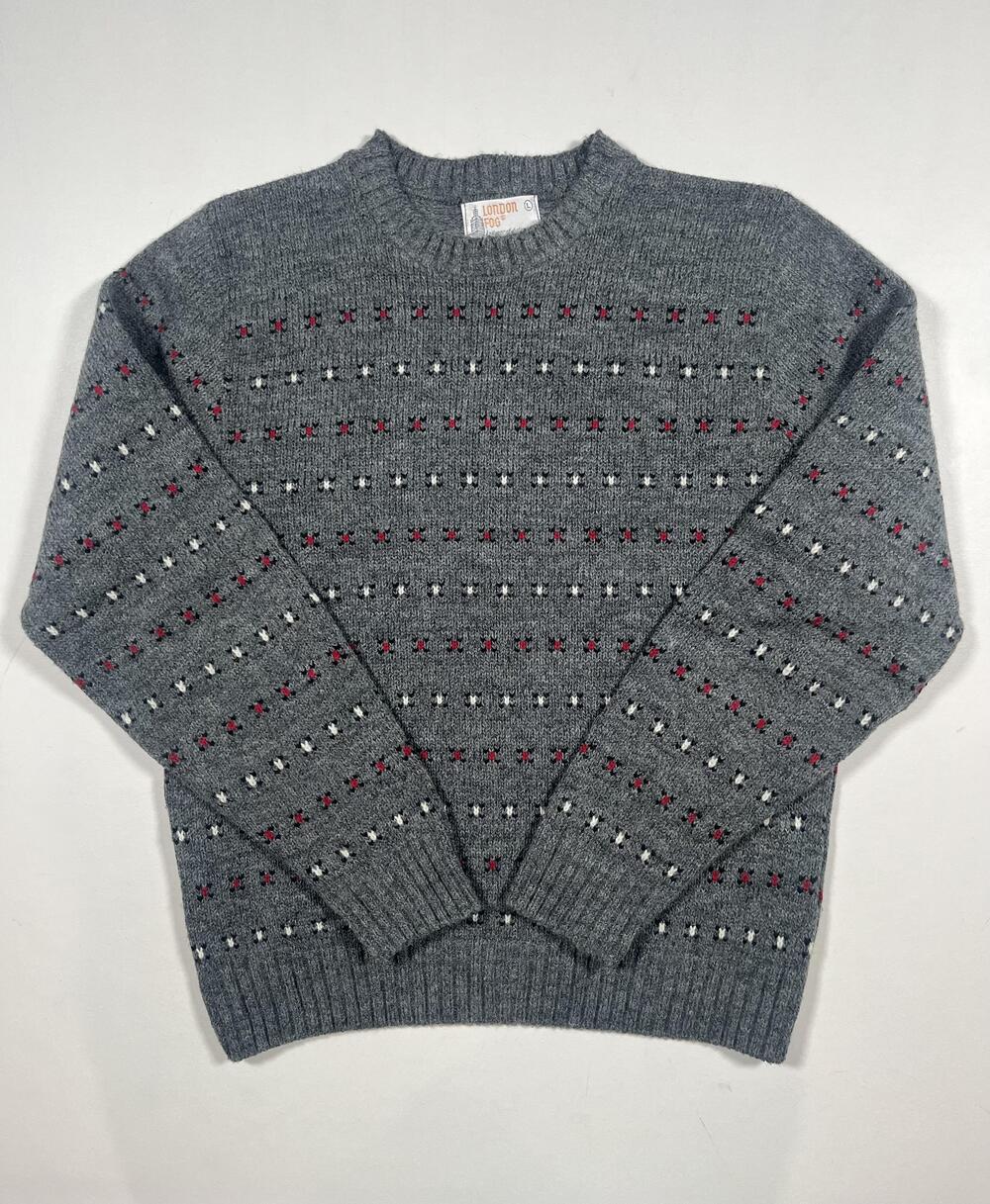 Vintage London Fog Sweater Mens Large Gray Fair Isle Crewneck Knit Pullover 90s